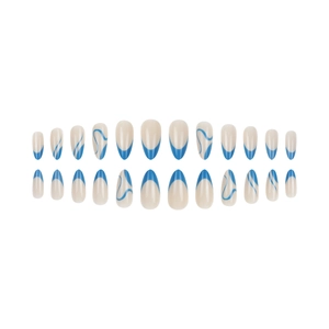 French blue almond press on nails with elegant nude base and stylish swirl patterns