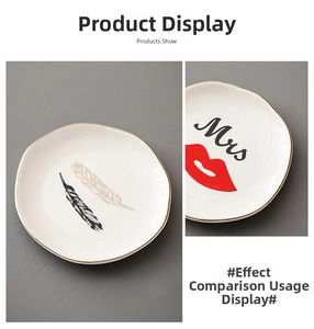 Detail of ceramic jewelry tray with Mrs lettering and hand-painted gold rim edges