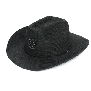 Black Western cowboy hat with vintage bull head emblem and woven texture design