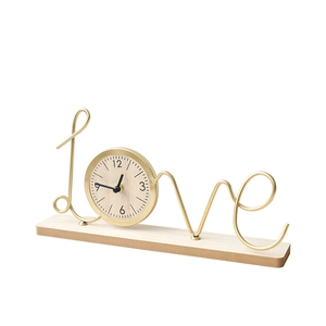 Minimalist gold metal Love table clock with wooden base for stylish home office decor