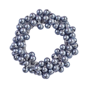 Detail showing elastic hair tie made of polished grey metallic beads on white background