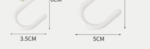 White S-shaped hook dimensions showing 3.5cm and 5cm widths and 6cm height details