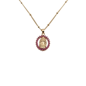 Gold religious necklace with Guadalupe pendant and pink zircon stones on beaded chain