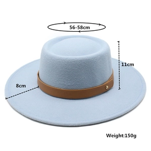 Flat top light blue wool felt hat with brown leather band and size labels 56-58cm