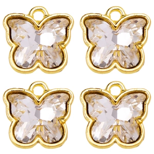 Detail of four golden crystal butterfly pendants with faceted clear glass in a 2x2 grid