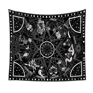 Close-up of gothic tapestry featuring zodiac constellations and mystical star pentagram