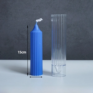 Detailed view of striped pillar candle mold and 15cm blue candle for DIY crafts