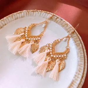 Bohemian Tassel Hook Earrings Alloy Gold Leaf Hollow Geometric Ethnic Vintage Dangle Drop Jewelry For Women