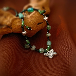 Retro Ethnic Chinese Style Beaded Butterfly Pendant Necklace Alloy Faux Jade Glass Beads Niche Choker Gift For Women