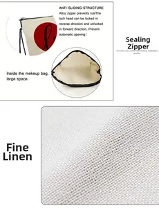 Detail of linen makeup bag showing anti-slip alloy zipper and internal storage space