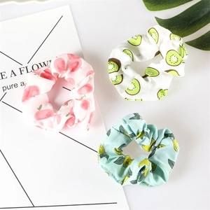 Three fruit print chiffon hair scrunchies with peach kiwi and lemon patterns for summer