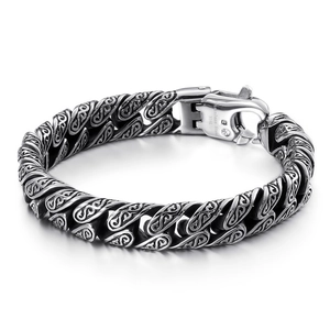 Men's vintage engraved pattern silver 316L stainless steel thick hip-hop chain bracelet