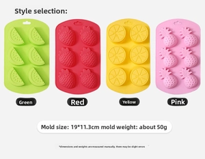 Detail of 4-pack fruit silicone molds in watermelon, strawberry, lemon and pineapple shapes