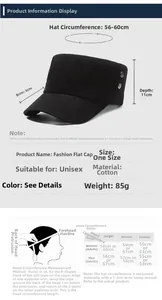 Size chart for black cotton flat top cap with measurements 56-60cm and visor length 6cm