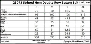 Tableau des tailles détaillé pour le blazer rayé à double boutonnage et ourlet volanté