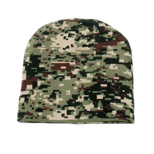 Winter knitted beanie featuring a digital camouflage pattern with a thick textured weave