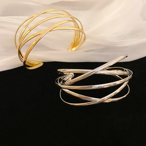 Multi-Layer Cross Open Bangle Alloy Polished Geometric Minimalist Adjustable Cuff Bracelet Jewelry For Women