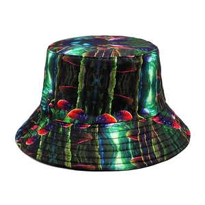 Close-up of vibrant magic mushroom print on reversible bucket hat with quality stitching