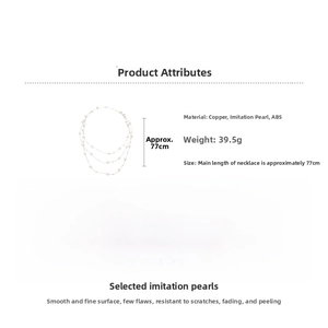 Detailed view of layered pearl flower necklace with size 77cm and weight 39.5g specs