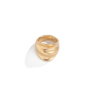 Vintage irregular golden metal wide ring with polished finish and streamlined ripple design