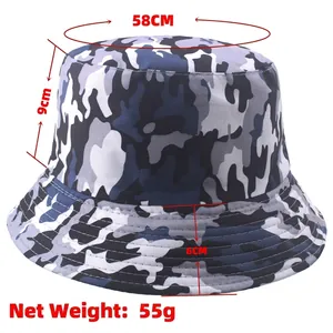 Unisex camouflage bucket hat for sun protection with dimensions and weight data