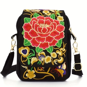 Ethnic style black canvas crossbody bag with red peony floral embroidery and strap