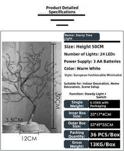 Detailed size specifications for the warm white 24 LED artificial fairy tree table lamp