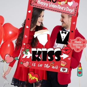 2025 Valentine's Day photo booth props set with red frame for party celebration