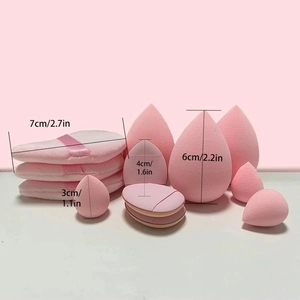 Size chart showing 12-piece pink makeup sponge set with puffs and blenders