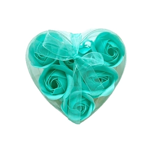Heart-shaped gift box with five blue soap roses and decorative matching ribbon