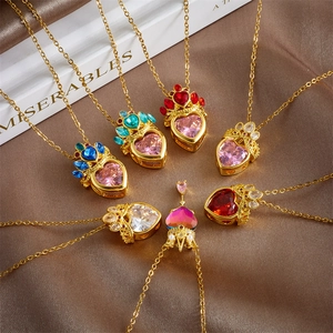Heart Crown Pendant Necklace Pink Crystal Rhinestone Stainless Steel Chain Gold Plated Copper Jewelry For Women