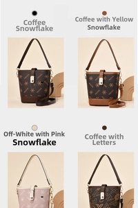 Detailed grid view of four printed PU leather bucket bags in various colors and patterns