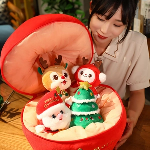 Christmas plush toy set with Santa and Reindeer in red festive gift box