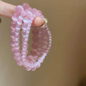 Pink Cat Eye Stone Beaded Bracelet Elegant Round Gemstone Elastic Bangle Fashion Jewelry For Women Girls Gifts