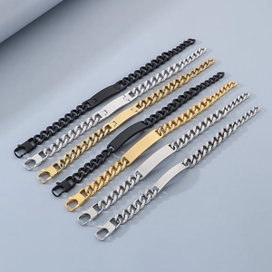 Polished stainless steel cuban chain bracelets in gold, silver, and black finishes