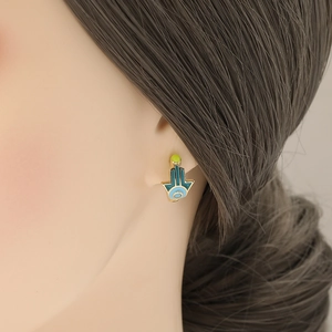 Hamsa Hand and Evil Eye gold stud earrings with blue enamel drip and yellow bead detail