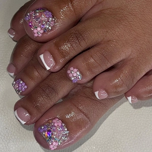 Französisch Weiß Rosa Fußnägel Zum Aufdrücken Mit 3D Harz Blume Strass Dekor Kurz Quadratisch Falsche Zehennägel Für Damen