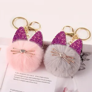 Katzen Pompon Schlüsselanhänger Kunstfell Plüschball Taschenanhänger Mit Glitzernden Ohren Und Legierung Schnurrhaaren