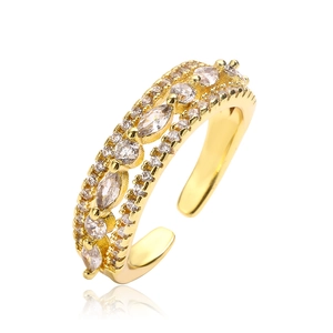 Gold plated geometric open ring with marquise and round cubic zirconia in multi-layer design