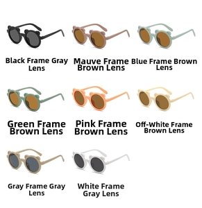 Collage of cute bear ear sunglasses for kids in eight different matte colors and lenses