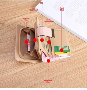 Detail view of the multi-slot interior and zip pocket in this compact bi-fold wallet