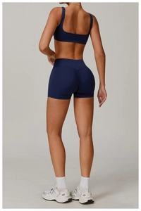 Rückansicht von hoch taillierten marineblauen Yoga-Set mit Push-up Fitness-Shorts