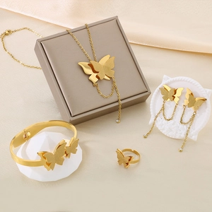 Stainless Steel Butterfly Necklace Earrings Bracelet And Ring Elegant Gold Tone Fashion Jewelry For Women Trendy Accessory