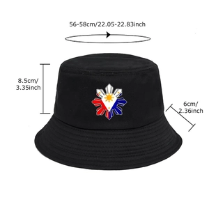 Black cotton bucket hat with Philippines sun logo embroidery and size measurements