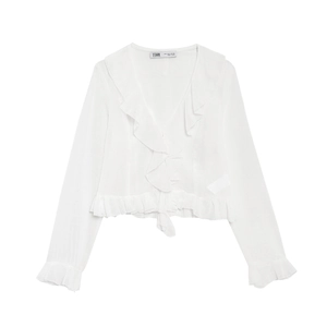 Women White Chiffon Blouse Ruffle V Neck Long Sleeve Crop Top Tie Front Elegant Casual Fashion Shirt