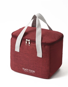 Close-up of wine red insulated lunch bag featuring gray handles and double zipper detail