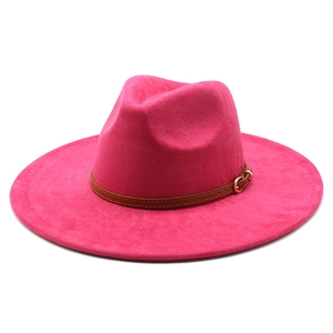 Rose red wide brim suede jazz fedora hat with brown leather band and gold buckle