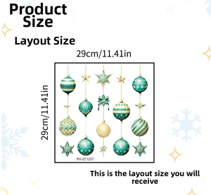 Detailed dimension guide for Christmas ball window stickers showing 29x29cm layout size
