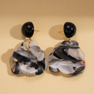 Resin flower drop earrings with black marble pattern and gold metal accents for women