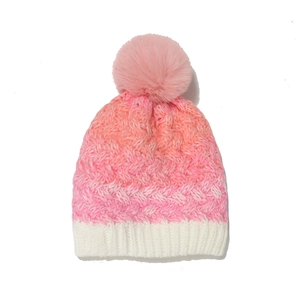 Pink and white gradient knit beanie with a faux fur pom-pom and thick ribbed cuff